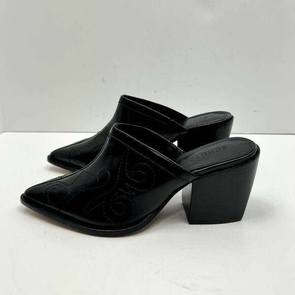 NEW Schutz Zarly Black Leather Western Stitched Slip On Heel Mules - Picture 6 of 13